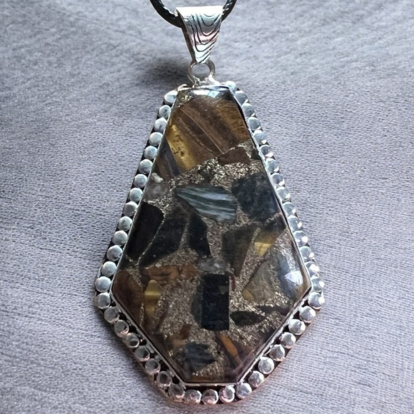 New Large Tigers Eye Stone Copper Acrylic Coffin Shaped Silver Overlay Pendant - Picture 1 of 6